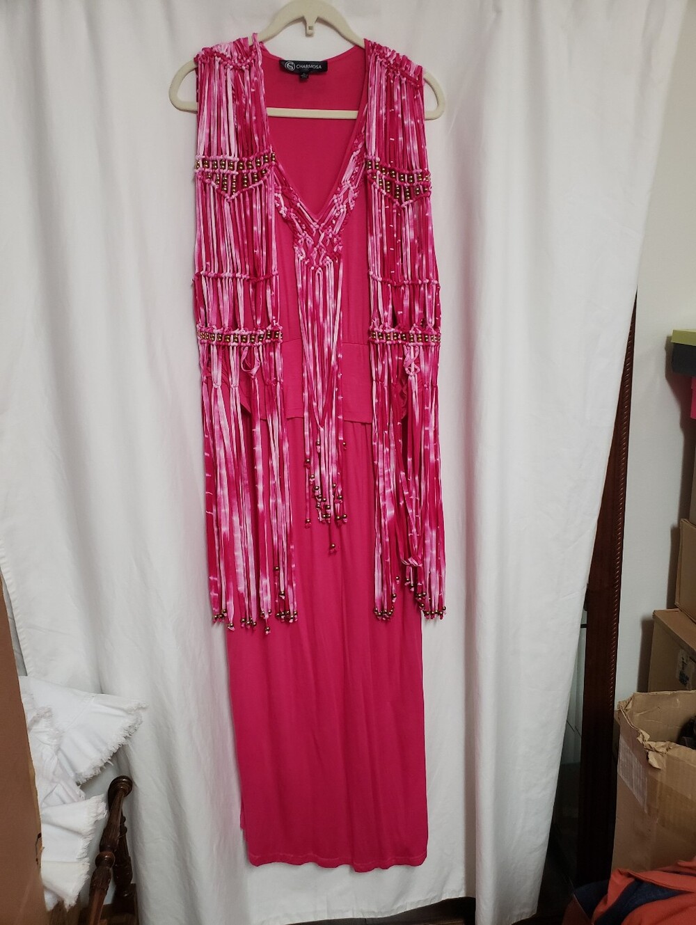 Charmosa Hot Pink Beaded Fringe Maxi Dress - Sleeveless V-Neck